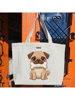 Bumudur Aksesuar Sevimli Pug ile Kemik Cute Baskılıı Naturel Kanvas Bez Çanta Sap Beyaz Cırt Cırtlı Suluk Tutuculu - Büyük