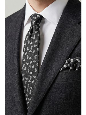 Milleniva Retro Şal Desen Siyah Beyaz Kravat & Mendil