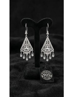 Erdobia 925 Ayar Gümüş Geleneksel Telkari Baklava Dilimi Püsküllü Şık Drop Küpe