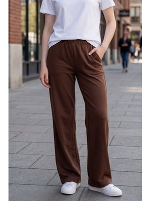 Evavi Kadın Şardonsuz Kahverengi Bol Paça Eşofman Altı