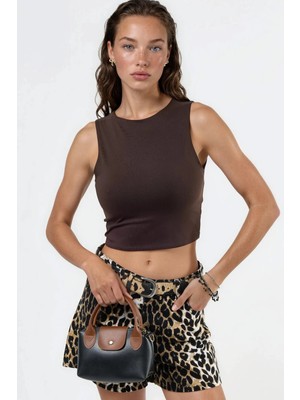 Hiccup Kadınlar BUSEM Kayık Yaka Kolsuz Örme Bluz Kahve Kahvesi