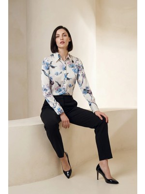 Hiccup Kadınlar MY FASHION Çiçek Desenli Düğmeli Gömlek, Gömlek Yakalı Gök Mavisi