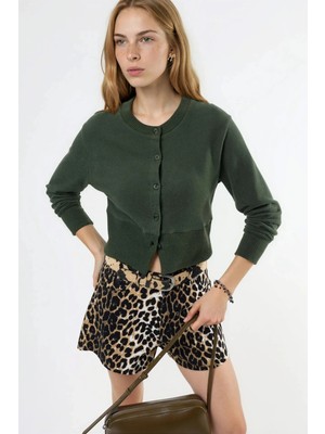 Hiccup Kadınlar BUSEM Düğmeli Kısa Triko Ceket Haki Yeşil