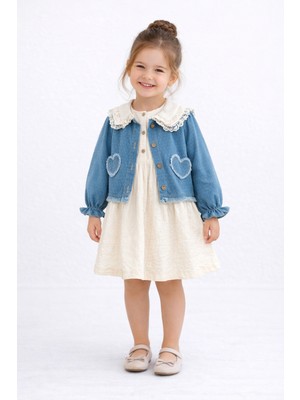 Cocosiss Romance Blue Kız Çocuk Kot Ceketli Elbise Takım – Dantel Yaka Detaylı