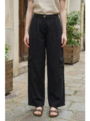 Hiccup Kadın My Fashıon Yüksek Bel Geniş Paça Kargo Pantolon Siyah