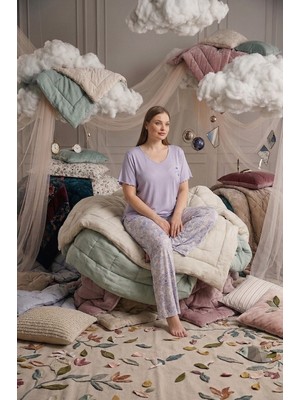 Seamlife Büyük Beden Düğmesiz Viskon Kısa Kollu Palazzo Pijama Takımı-Oversize Üst Geniş Paça Alt