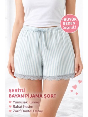 Dantel Detaylı Çizgili Kadın Pijama Şortu - Su Yeşili / Beyaz L