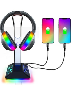 Braventa Collection Sourcelll Rgb Kulaklık Standı 2 USB 2.0 Uzatma Şarj Portu Genişletici Kablosu, Masa Kulaklığı Tutaca