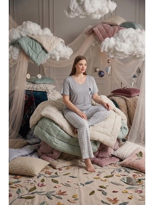 Bie's Büyük Beden Düğmesiz Viskon Kısa Kol Palazzo Pijama Takımı-Oversize Üst Geniş Paça Alt
