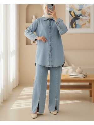 Modamorfo Paçası Yırtmaçlı Taş Detaylı Ikili Kot Takım -Buz Mavi
