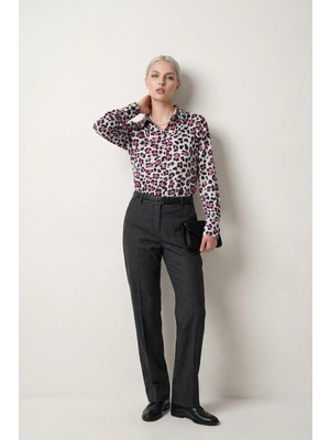 Hiccup Kadınlar MY FASHION Leopar Desenli Uzun Kollu Düğmeli Gömlek Macenta Pembesi