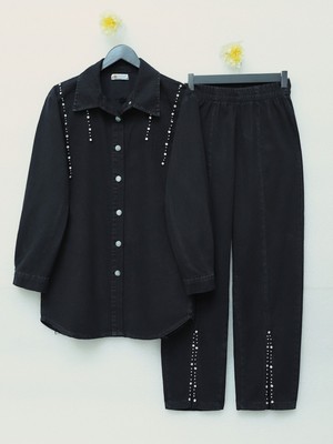 Modamorfo Paçası Yırtmaçlı Taş Detaylı Ikili Kot Takım  -Siyah