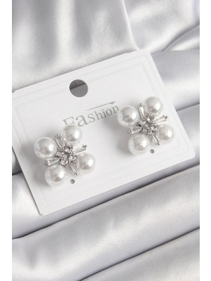 İlk El Grup Ietaks™ Pirinç Gümüş Renk Zirkon Taşlı Incili Kadın Küpe