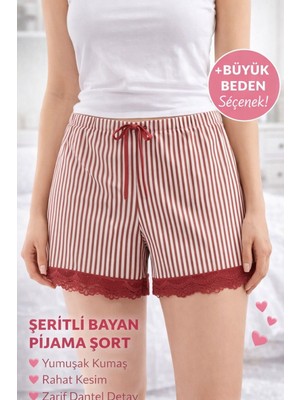 Dantel Detaylı Çizgili Kadın Pijama Şortu - Kırmızı / Beyaz Xxl