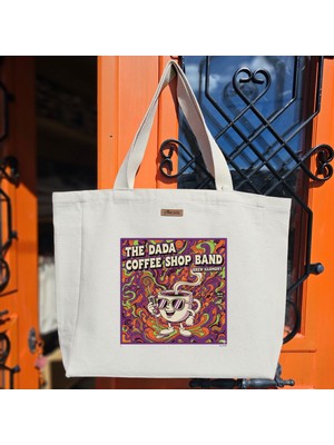 Bumudur Aksesuar Dada Kahve Dükkanı Bandı Tasarımı The Coffee Shop Band Baskılıı Naturel Kanvas Bez Çanta Sap Beyaz Cırt Cırtlı Suluk Tutuculu - Büyük