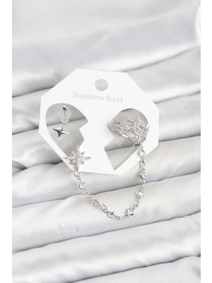 İlk El Grup Ietaks™ Kutup Yıldızı Model Pirinç Gümüş Renk Zincir Bağlantılı Ear Cuff Küpe Seti