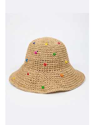 Mollycrush Renkli Boncuk Süslemeli Kadın Hasır Bucket Şapka - El Örgüsü Yazlık Şapka