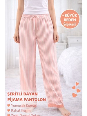 Dantel Detaylı Çizgili Kadın Pijama Altı – Şeker Pembe / Kırmızı M