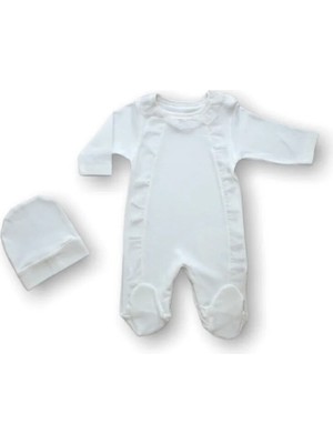 LTG Nova 0-3 3-6 Ay Tüllü Fırfır Detaylı Şapkalı Uzun Kollu Kız Bebek Tulumu Ekru