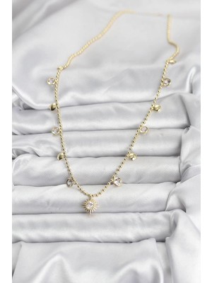 Senka Mey Ithalat® Zirkon Taşlı Kutup Yıldızı Model Pirinç Gold Renk Kadın Kolye