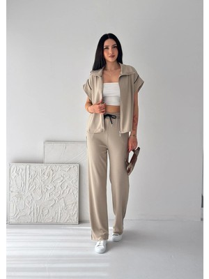Kadın Modal Kumaş Garnili Sıfır Kol Dik Yaka Oversize Eşofman Takımı