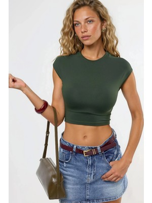 Hiccup Kadın Busem Bisiklet Yaka Düz Kısa Tişört Haki Yeşil