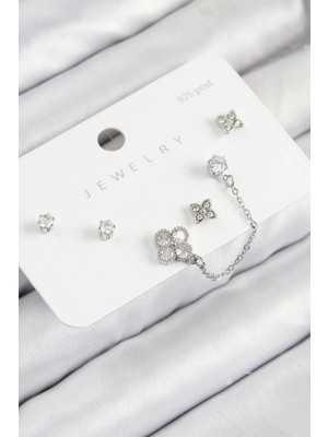 İlk El Grup Ietaks™ Pirinç Zirkon Taşlı Yonca Model Gümüş Renk 925 Ayar Gümüş Çivi Kadın Küpe