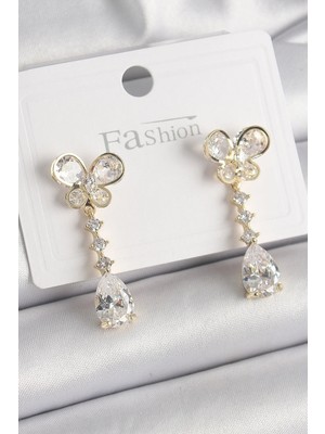 İlk El Grup Ietaks™ Pirinç Gold Renk Zirkon Taşlı Kelebek Model Sallantı Damla Zirkon Taş Kadın Küpe