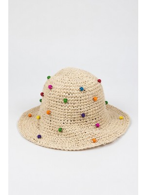 Mollycrush Renkli Boncuk Süslemeli Kadın Hasır Bucket Şapka - El Örgüsü Yazlık Şapka