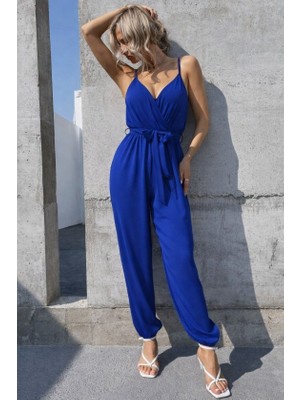 Trend Cojans Kadın Ip Askılı Kruvaze Yakalı Belden Kuşaklı Uzun Sandy Tulum