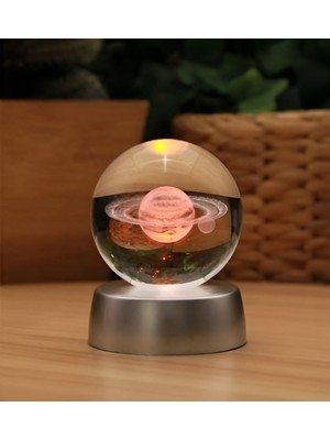 PremiumPort Halkalı Satürn Gezegeni 3D Kristal Cam Küre Pilli LED Işıklı Dekor