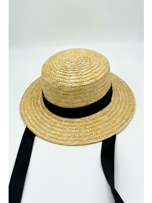 Mollycrush Kadın Hasır Bağcıklı Boater Şapka - Siyah Kurdeleli Vintage Yazlık Güneş Şapkası