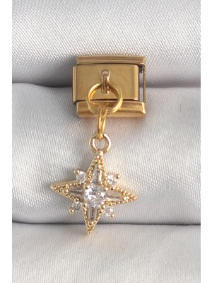 Senka Mey Ithalat® 316L Çelik Gold Renk Sallantı Zirkon Taşlı Kutup Yıldız Model Nomination Charm