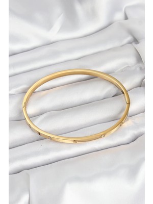 Senka Mey Ithalat® 316L Çelik Gold Renk Zirkon Taşlı 65 mm Ince Kadın Kelepçe Bileklik