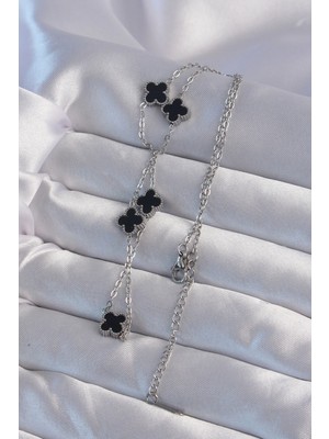 Senka Mey Ithalat® 316L Çelik Gümüş Renk Minimal Siyah Mineli Yonca Kolye