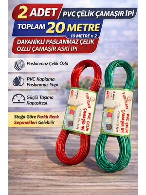 SHC4200 2 Adet Pvc Çelik Çamaşır Ipi 10 Metre Dayanıklı Çelik Özlü Çamaşır Askı Ipi Toplam 20 Metre