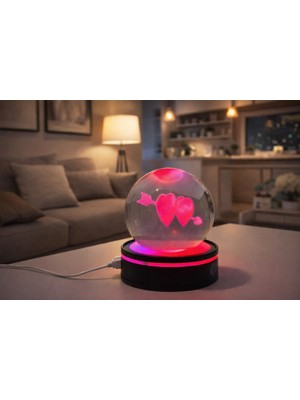 PremiumPort Büyük Boy Dönen Kalp Figürlü Cam Küre LED Lamba, Rgb Işıklı Dekor