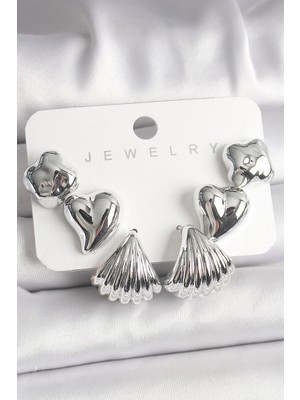 İlk El Grup Ietaks™ Gümüş Renk Yonca Kalp Deniz Kabuğu Figür Ccb Kadın Küpe Seti