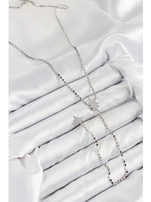 Senka Mey Ithalat® Pirinç Zirkon Taşlı Ezme Zincirli Kutup Yıldızı Model Gümüş Renk Y Kolye