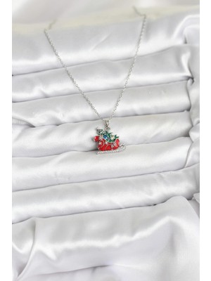 Senka Mey Ithalat® 316L Çelik Zincir Gümüş Renk Kızak ve Çam Ağacı Figürlü Yılbaşı Temalı Kadın Kolye