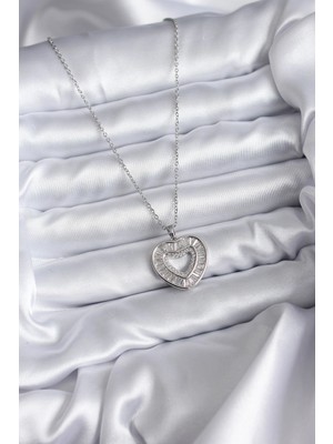 Senka Mey Ithalat® 316L Çelik Zincir Gümüş Renk Baget Zirkon Taşlı Kadın Kolye