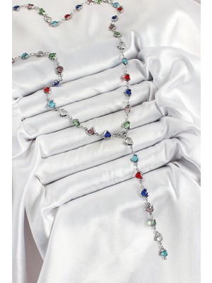 İlk El Grup Ietaks™ Pirinç Gümüş Renk Karışık Renk Zirkon Taşlı Kalpli Y Kadın Kolye