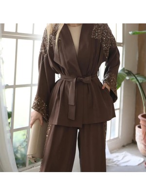 Hopeful Design Kadın Payet Detaylı Kuşaklı Ikili Takım Siyah ve Kahve