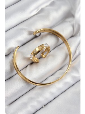 Senka Mey Ithalat® Pirinç Zirkon Taşlı Ayrık Model Gold Renk Bileklik Yüzük Set