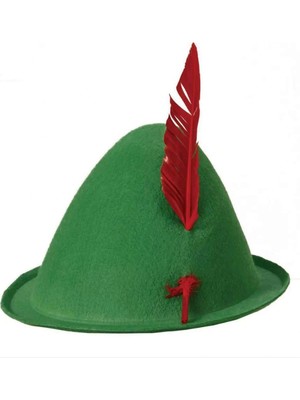 My Best Store Yeşil Renk Kırmızı Tüylü Peter Pan Şapkası Robin Hood Şapkası 24X23 cm