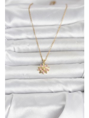 Senka Mey Ithalat® 316L Çelik Zincir Gold Renk Pembe Papatya Model Kadın Kolye