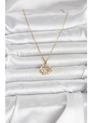 Senka Mey Ithalat® 316L Çelik Zincir Gold Renk Incili Çiçek Model Kadın Koyle