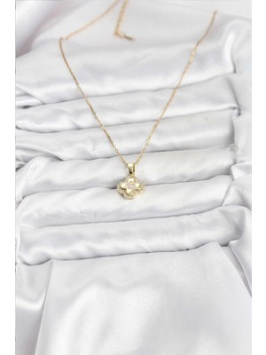 Senka Mey Ithalat® 316L Çelik Zincir Gold Renk Zirkon Taşlı Yonca Model Kadın Kolye