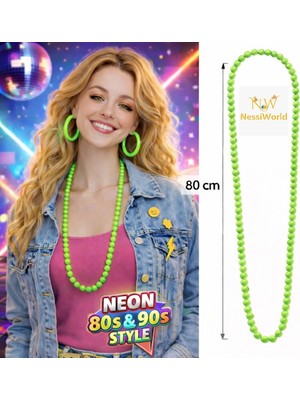 Senka Mey Ithalat® Neon Yeşil Boncuk Kolye 80 cm – Retro 80’ler 90’lar Parti Aksesuarı