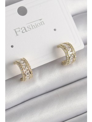 İlk El Grup Ietaks™ Pirinç Gold Renk Zirkon Taşlı Halka Model Kadın Küpe